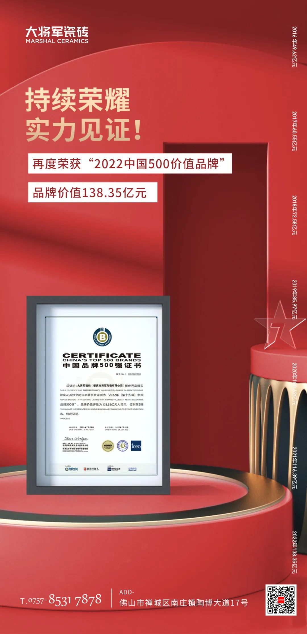 步履不停！138.35亿元！大将军瓷砖连续7年上榜中国500价值品牌！(图3)
